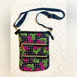 Betsy Johnson Adjustable Crossbody Bag Purse Black With White Polka Dots & Roses